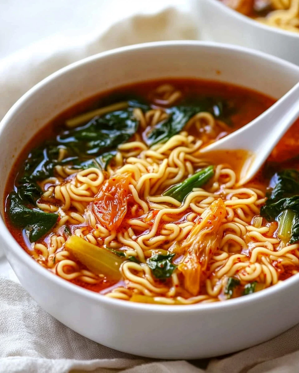 Bowl of spicy Korean noodle soup garnished with green onions and chili flakes.