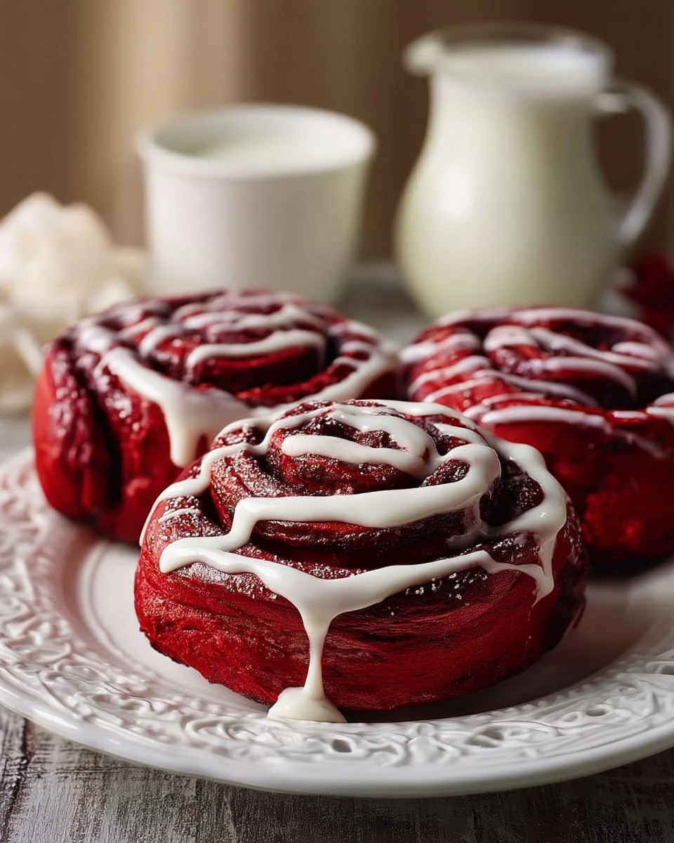 Delicious red velvet cinnamon rolls topped with cream cheese frosting.