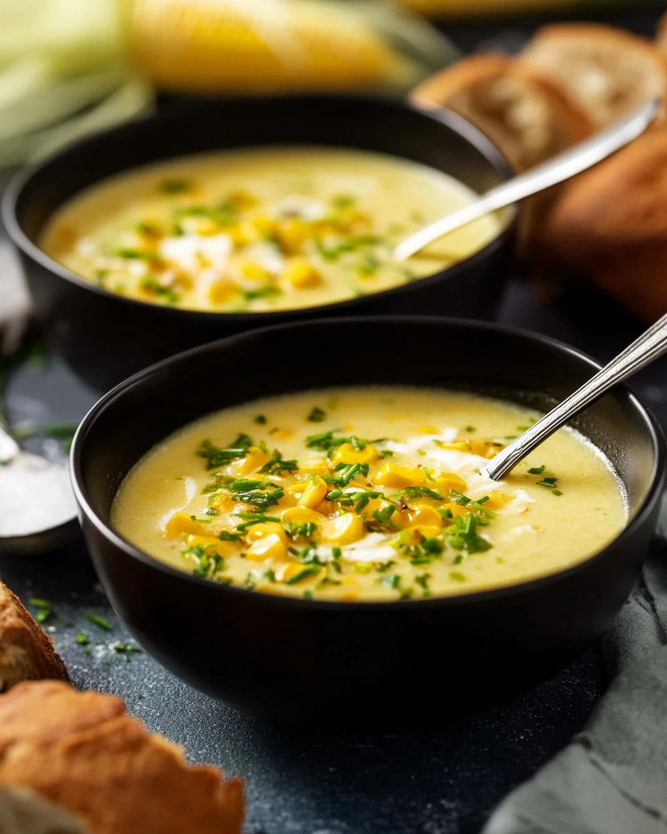 Bowl of refreshing cold corn soup garnished with fresh herbs.
