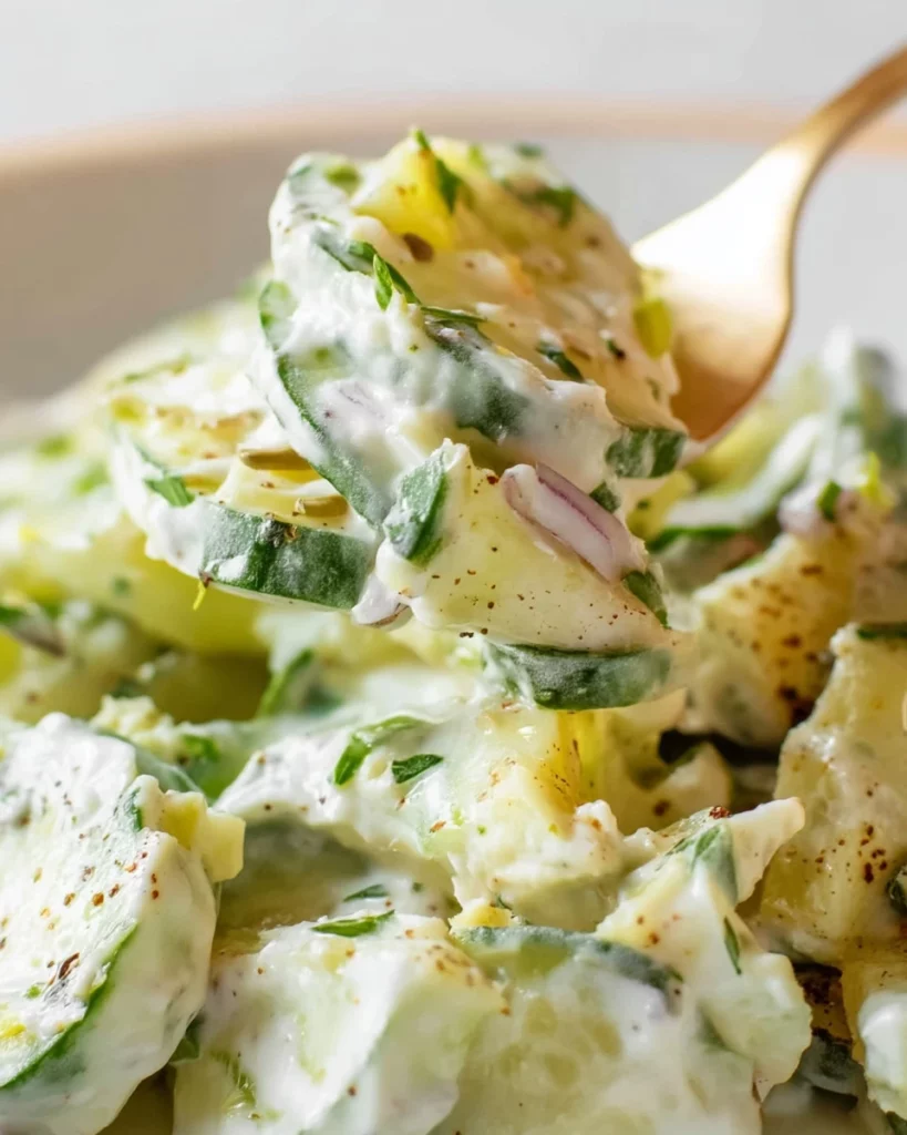 Creamy cucumber salad with lemon yogurt dressing in a fresh bowl