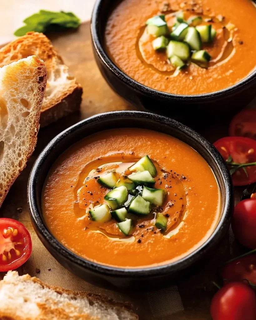 Bowl of refreshing gazpacho served with fresh vegetables and herbs