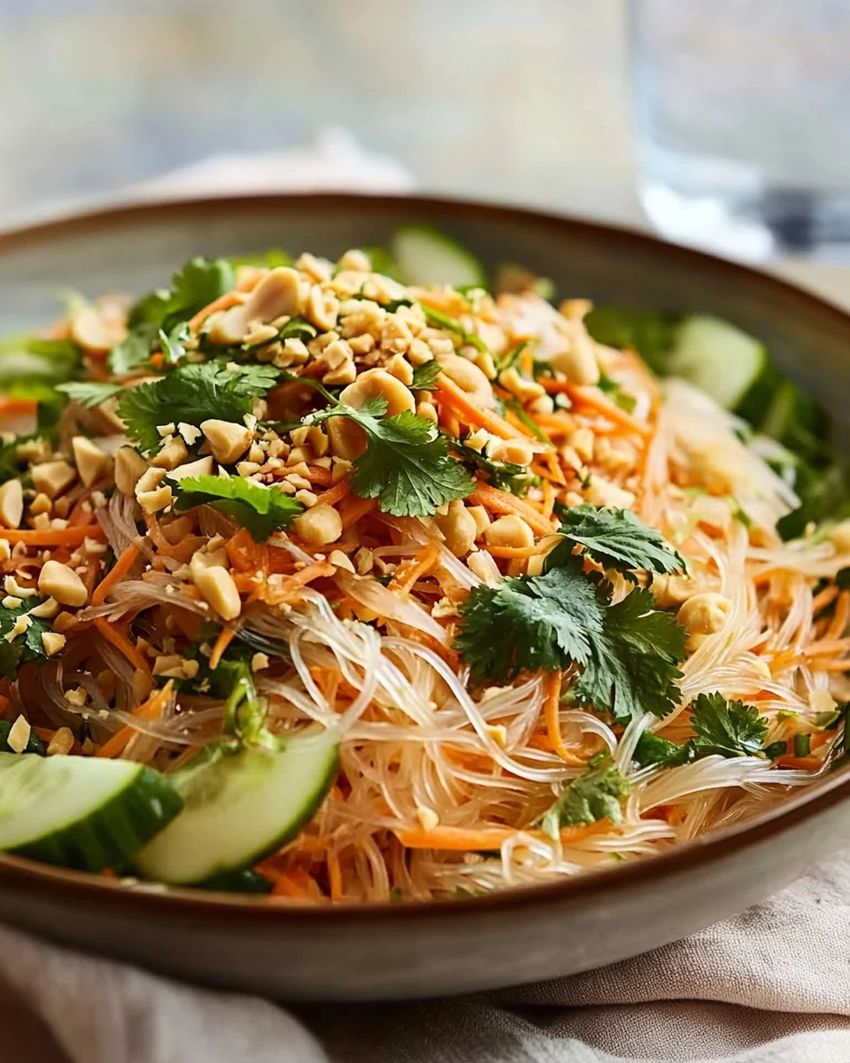 Refreshing glass noodle salad with colorful vegetables and zesty dressing.