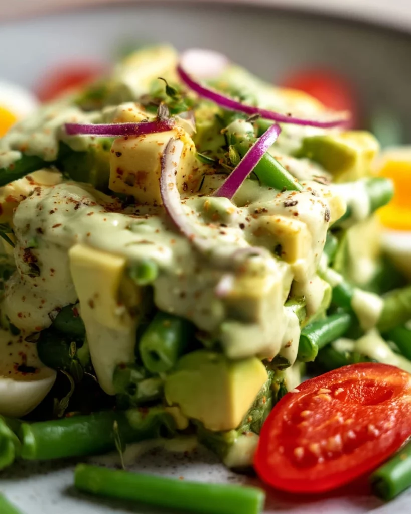 Refreshing green bean avocado salad with creamy dressing and vibrant colors