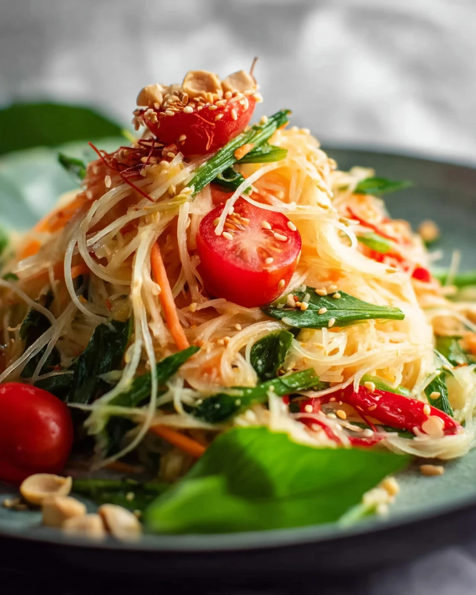 A refreshing bowl of Thai Green Papaya Salad featuring green papaya and vibrant vegetables