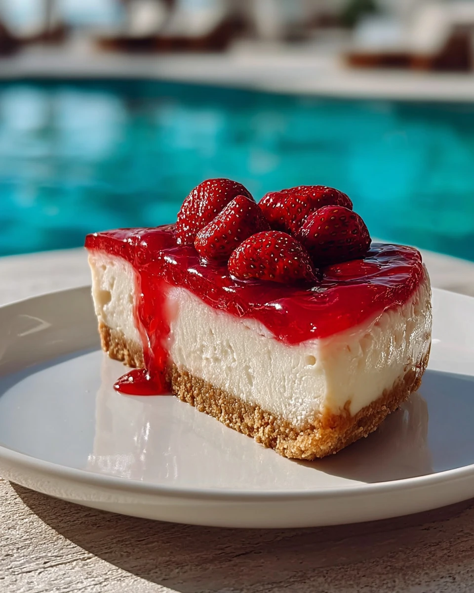 Delicious rhubarb cheesecake topped with fresh rhubarb slices.