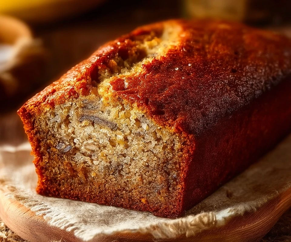 A slice of rich banana cake topped with walnuts and icing