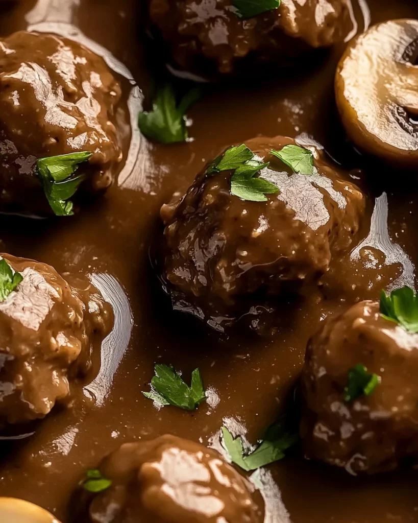 Salisbury Steak Meatballs with hearty mushroom gravy on a plate