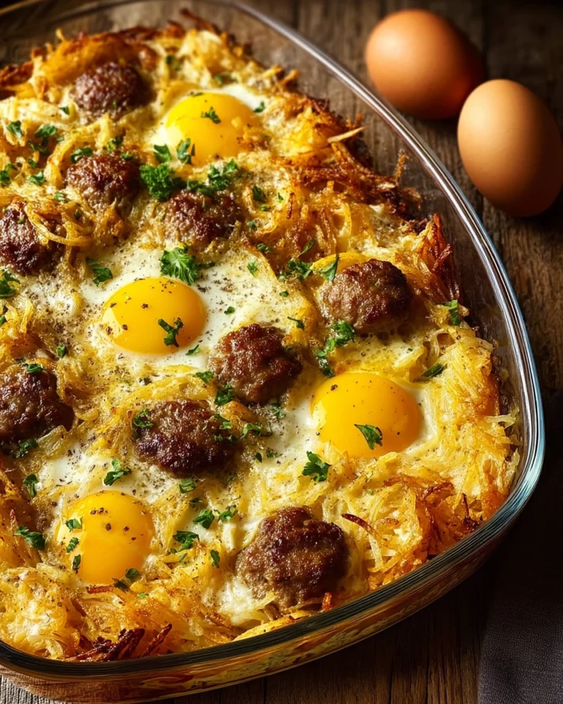Sausage, egg, and cream cheese hashbrown casserole dish served warm