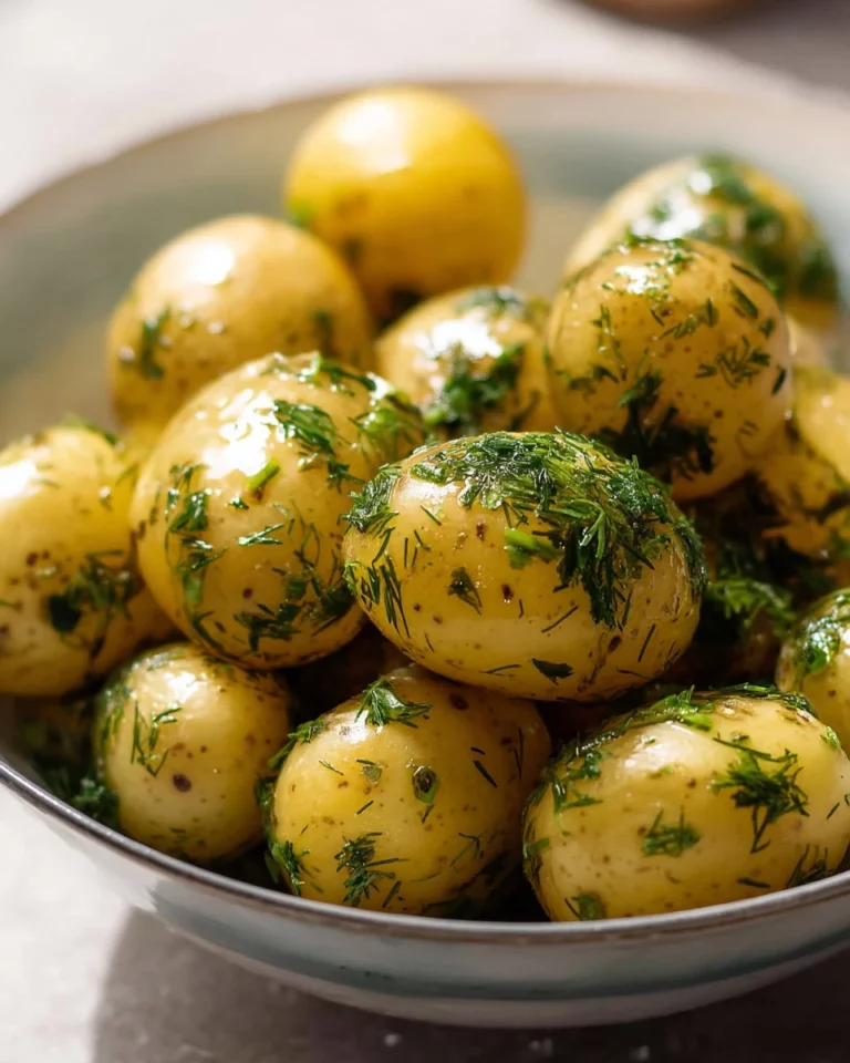 Savory baby potatoes with butter and fresh herbs in a serving dish