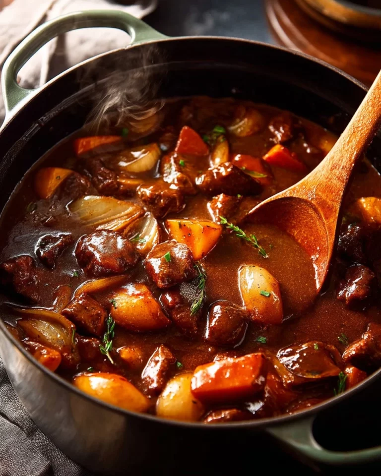 Delicious Beef Bourguignon served in a rustic bowl with hearty vegetables.