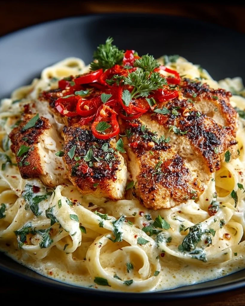 Savory Cajun Chicken served on a bed of creamy parmesan linguine.