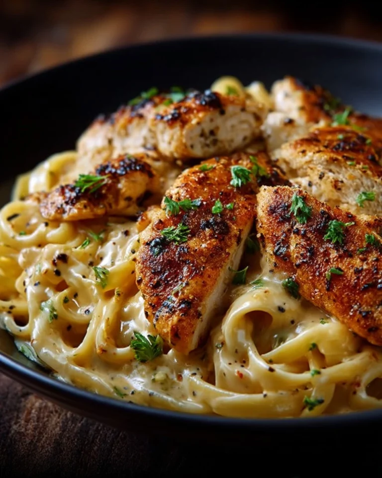 Savory Cajun chicken served with creamy parmesan linguine on a plate