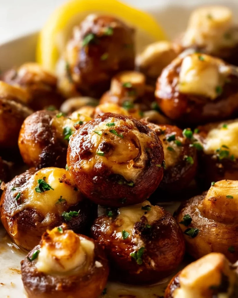 Delicious garlic butter roasted mushrooms served on a platter.