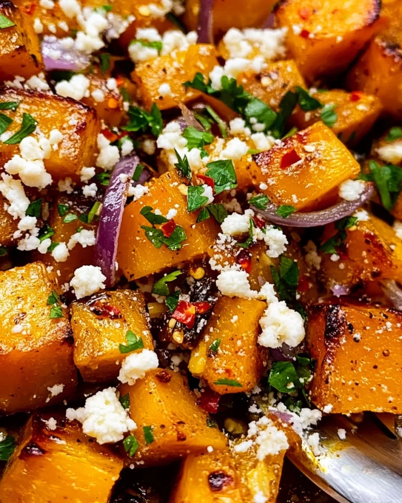 Savory maple roasted pumpkin topped with chili and feta cheese served on a plate