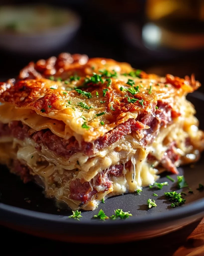 Savory Reuben Bake casserole with layers of corned beef and sauerkraut