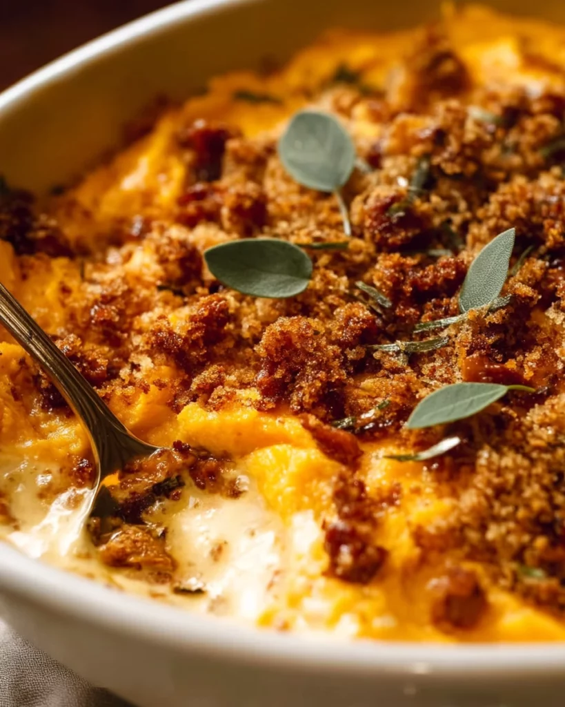 Delicious Savoury Sweet Potato Casserole topped with crunchy pecans and marshmallows