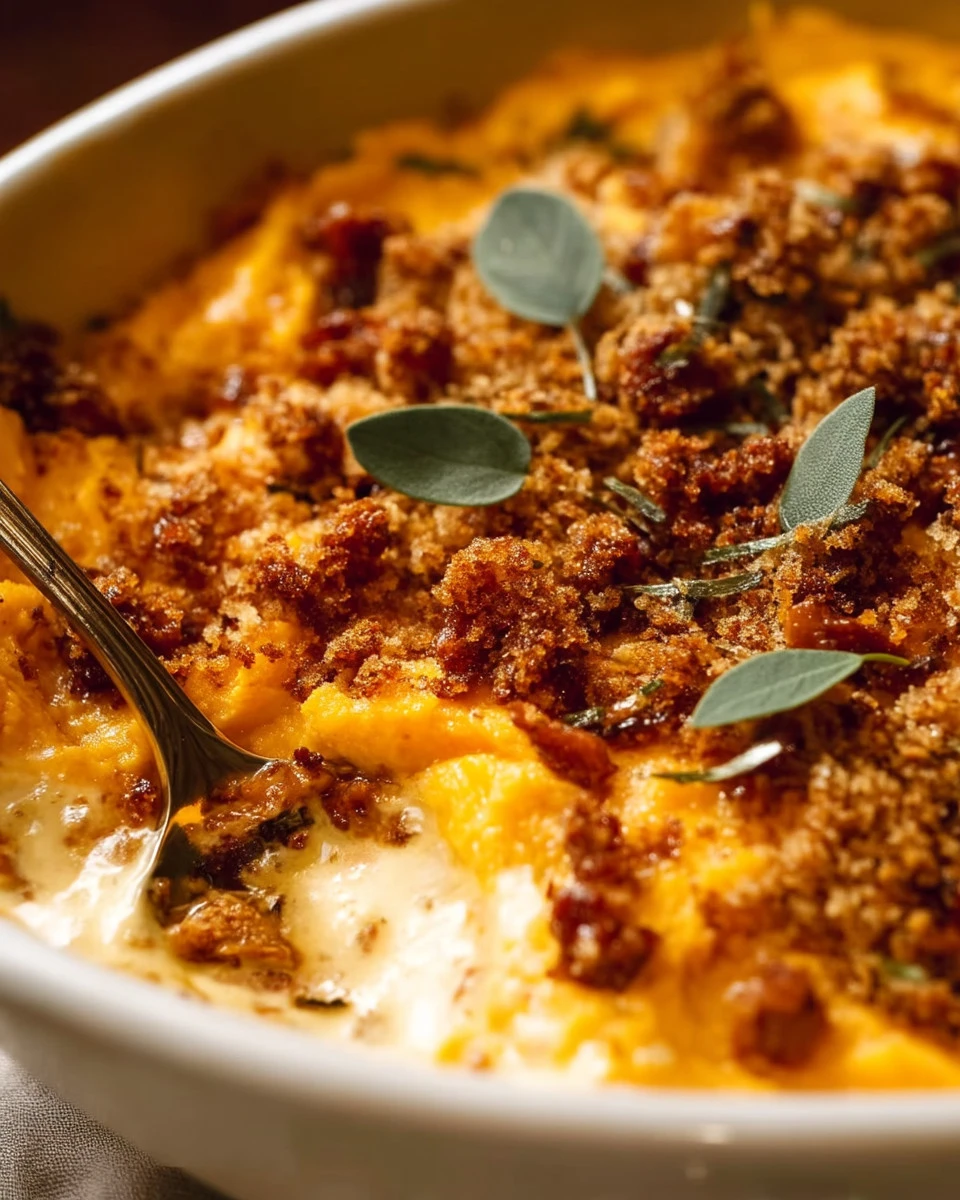 Delicious Savoury Sweet Potato Casserole topped with crunchy pecans and marshmallows