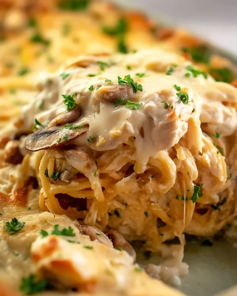Creamy Chicken Tetrazzini topped with cheese and herbs