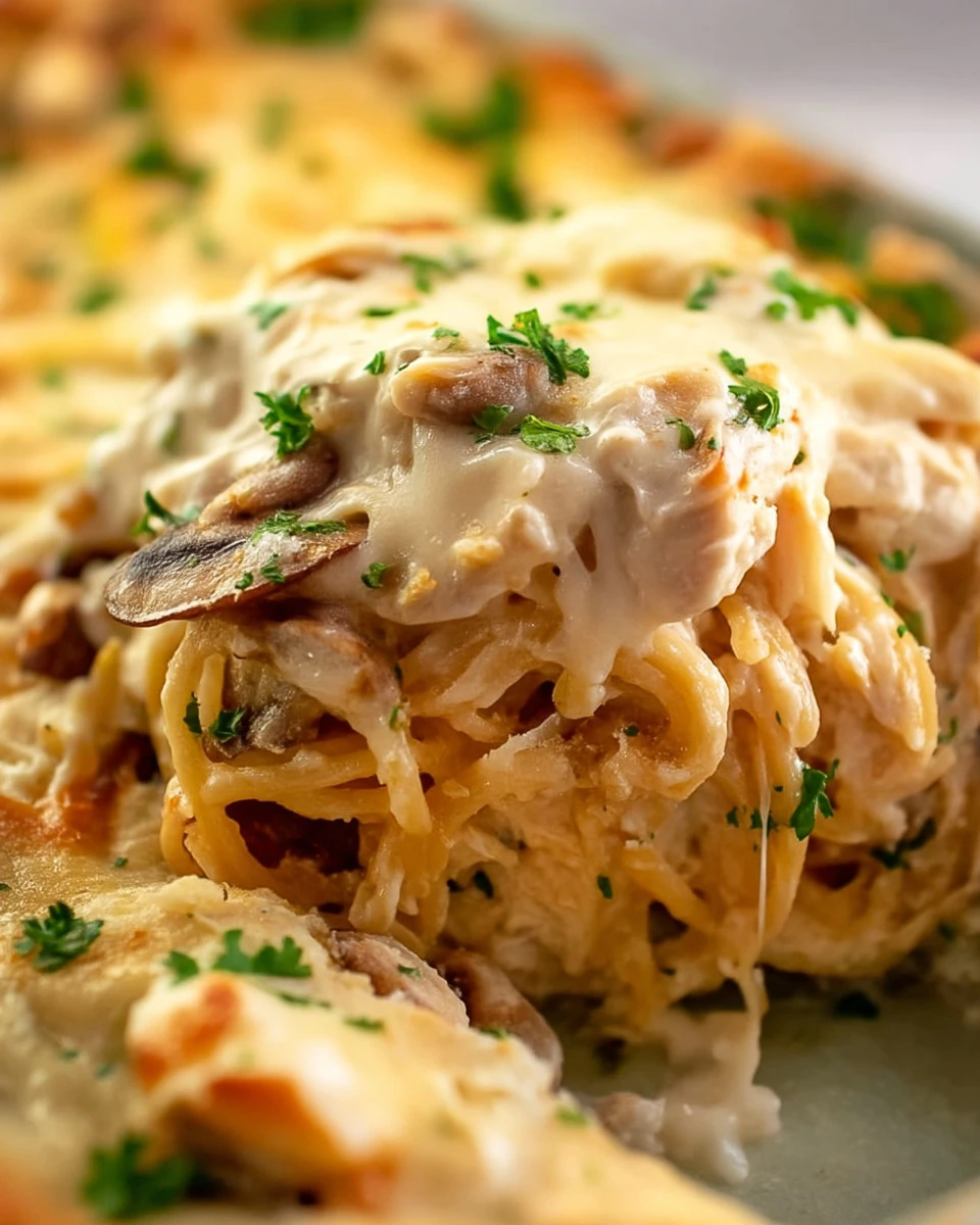 Creamy Chicken Tetrazzini topped with cheese and herbs