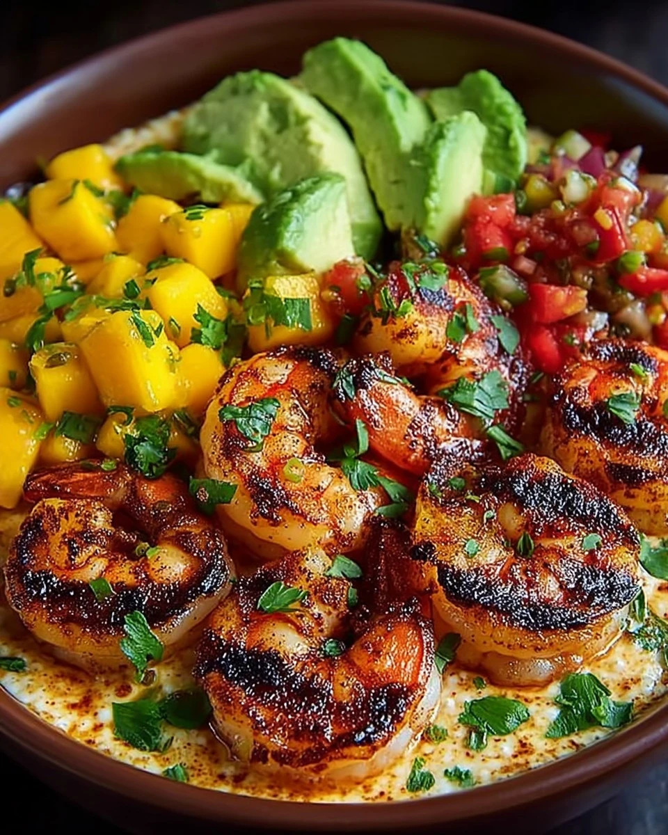 Shrimp avocado bowls with mango salsa and lime-chili sauce served in a colorful dish