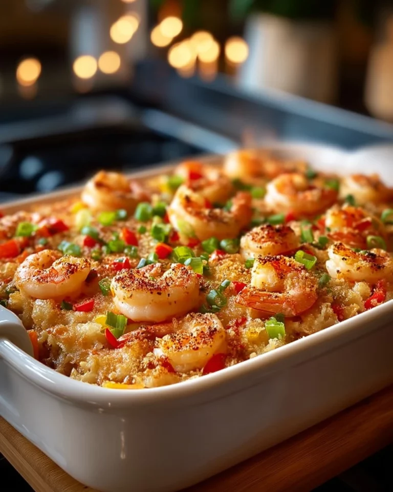 Shrimp & Crab Casserole topped with cheese and herbs, served in a baking dish