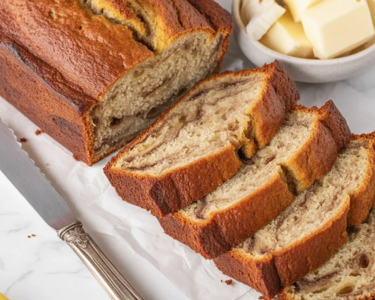 Delicious moist banana bread loaf, fresh out of the oven, served with slices.