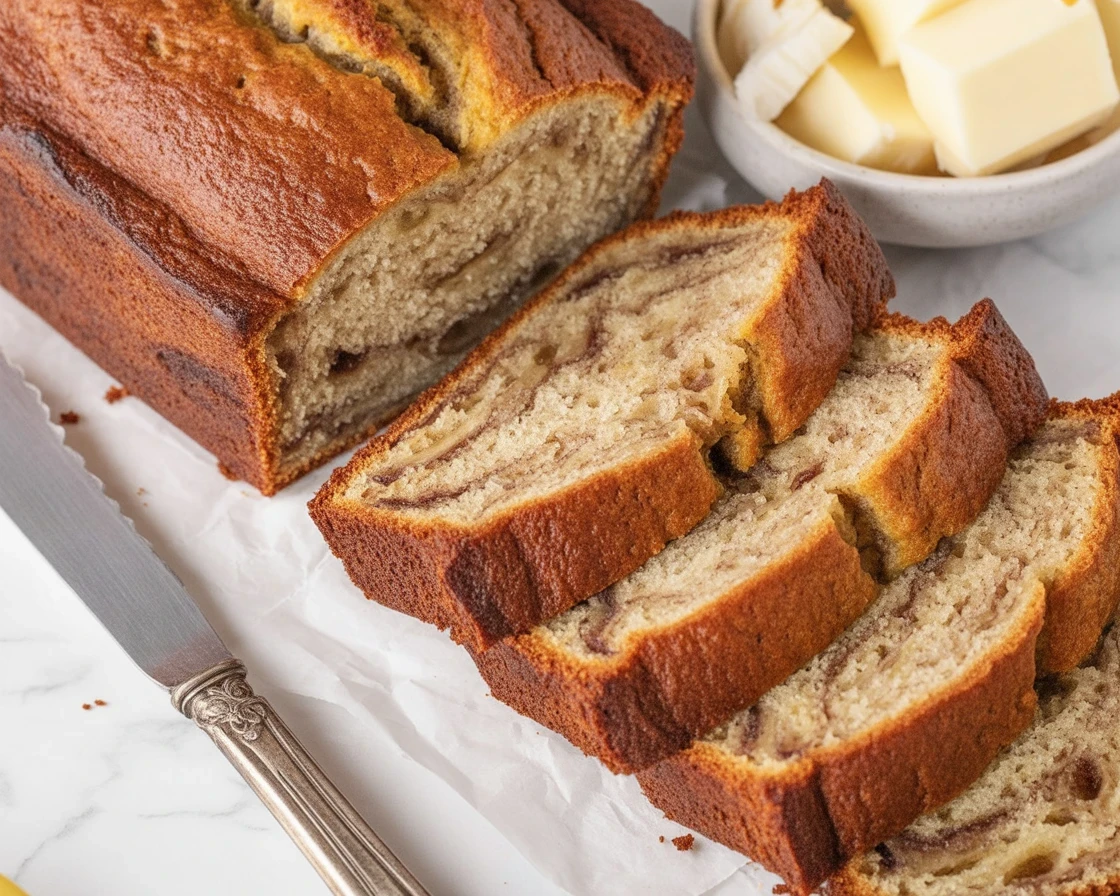 Delicious moist banana bread loaf, fresh out of the oven, served with slices.