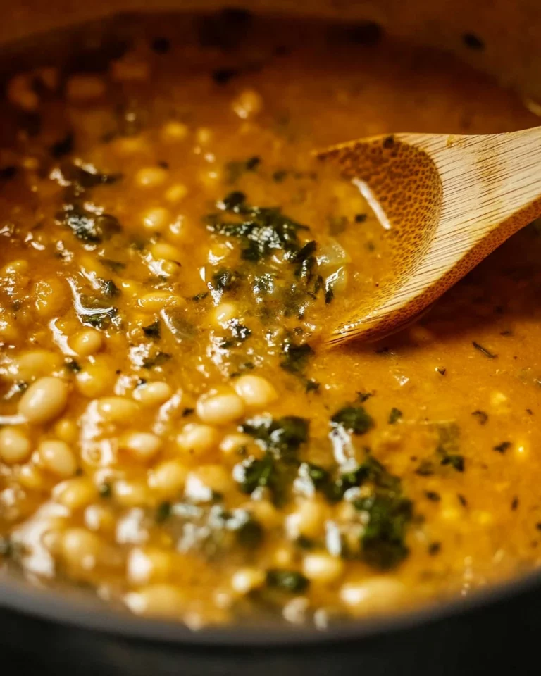 Bowl of simple bean soup with fresh herbs and vegetables