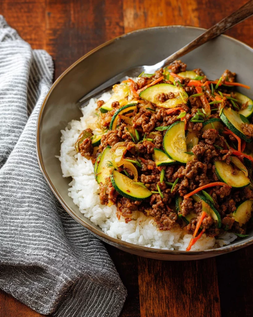 Delicious sizzling ground beef stir fry served in a colorful bowl with vegetables