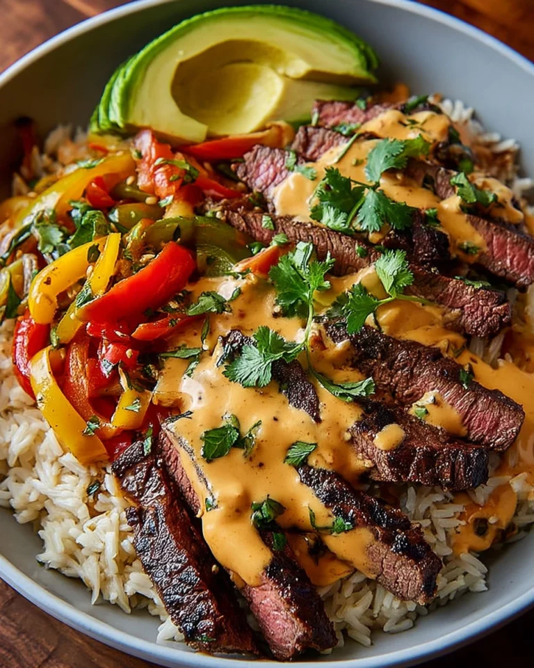 Sizzling steak topped with cheesy queso served with rice on a plate.