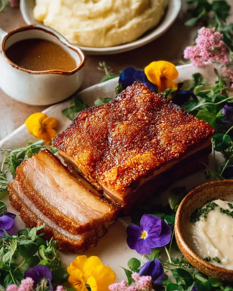 Delicious slow-roasted crispy pork belly served on a plate