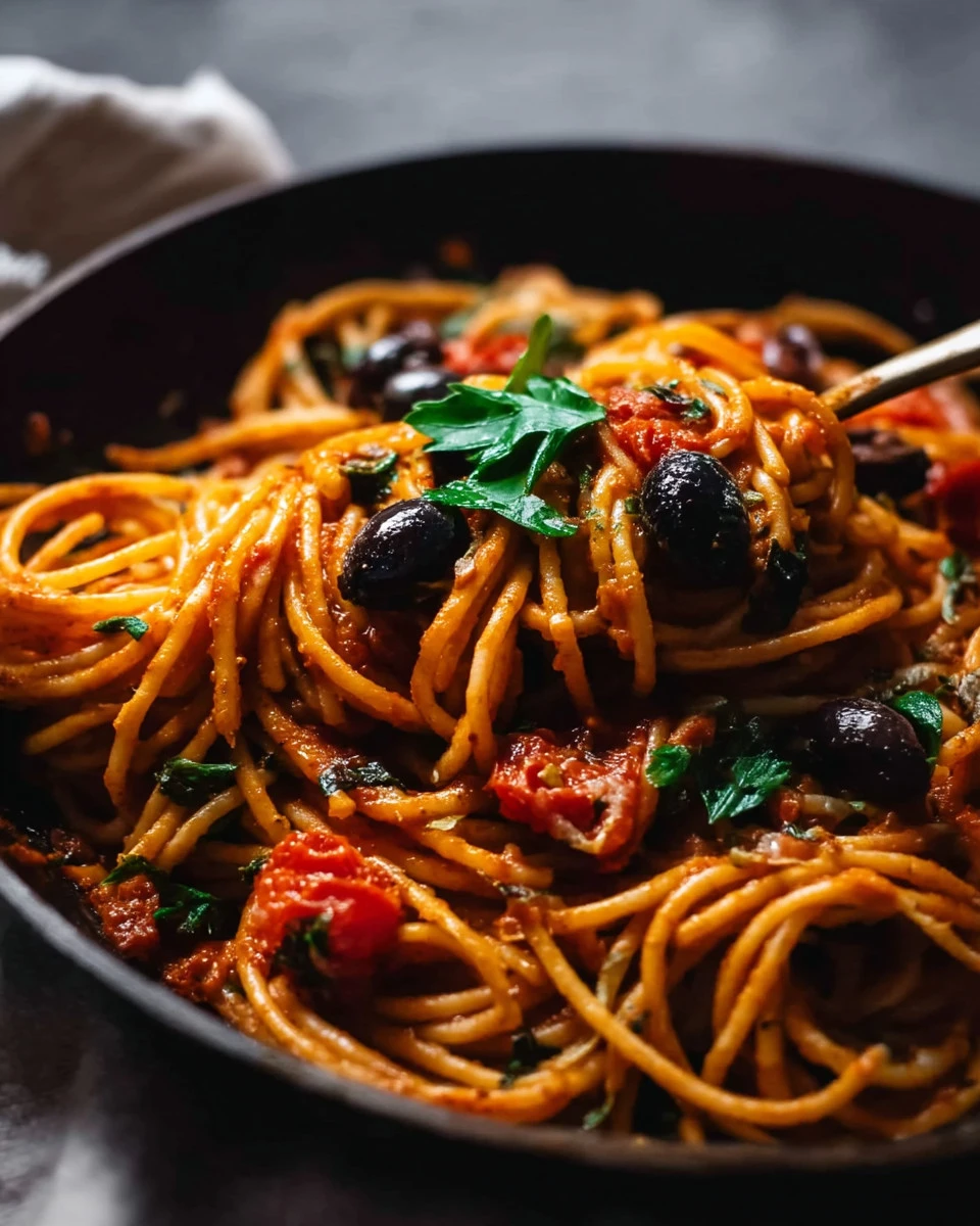 Plate of Spaghetti Puttanesca topped with olives and capers