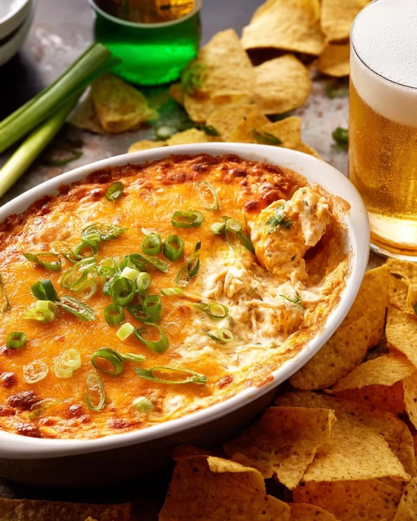 Creamy Spicy Hot Buffalo Chicken Dip served in a bowl with tortilla chips