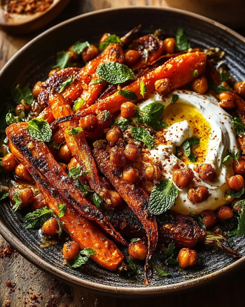 Spicy maple roast carrots served with crispy chickpeas and yogurt sauce