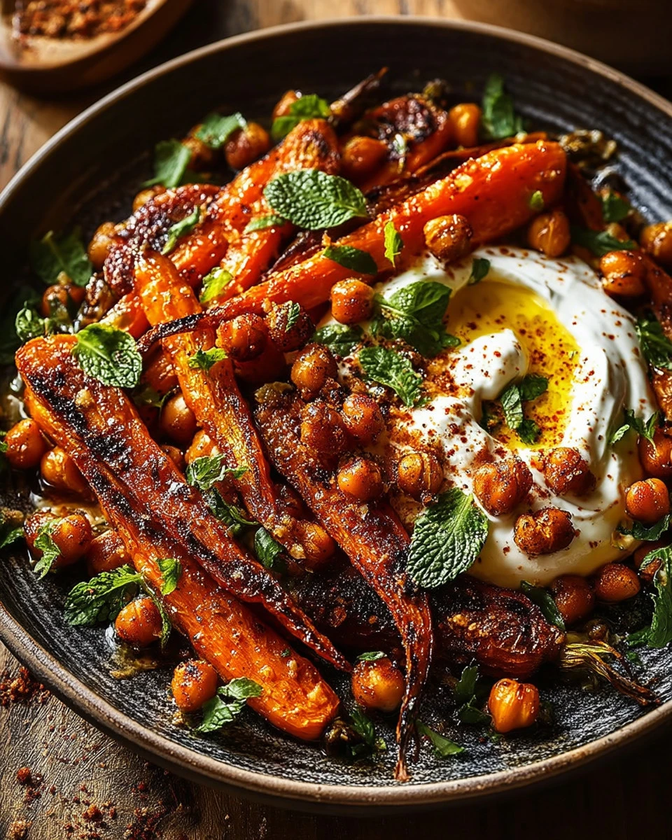 Spicy maple roast carrots served with crispy chickpeas and yogurt sauce