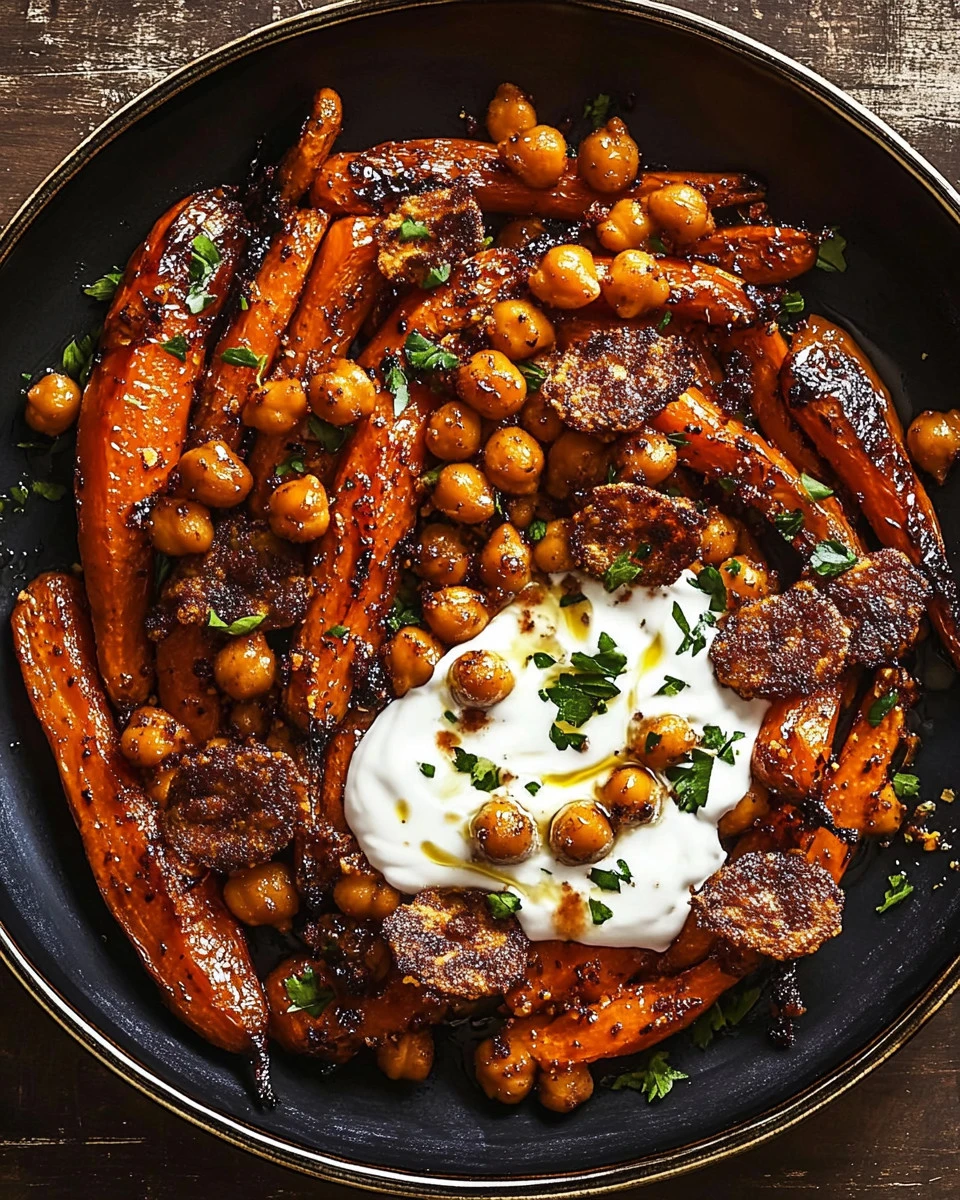 Spicy maple roast carrots garnished with crispy chickpeas and yogurt sauce