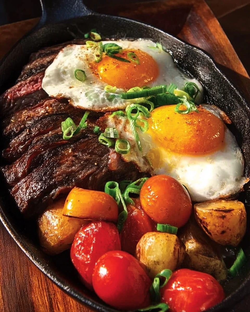 Delicious steak and eggs skillet dish served on a plate