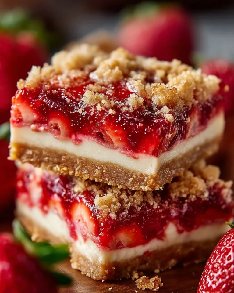Delicious Strawberry Crumble Cheesecake Bars with creamy filling and crumble topping.