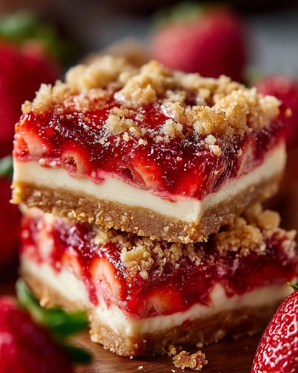 Delicious Strawberry Crumble Cheesecake Bars with creamy filling and crumble topping.