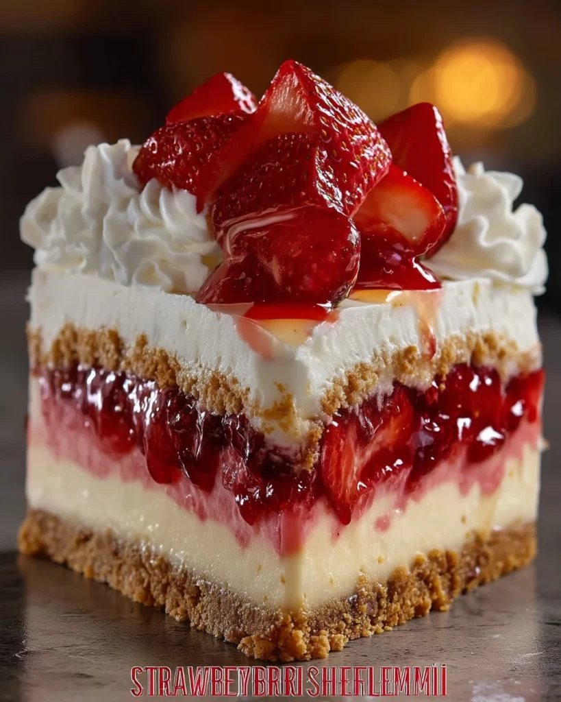 Delicious Strawberry Crunch Cheesecake featuring creamy layers and crunchy topping