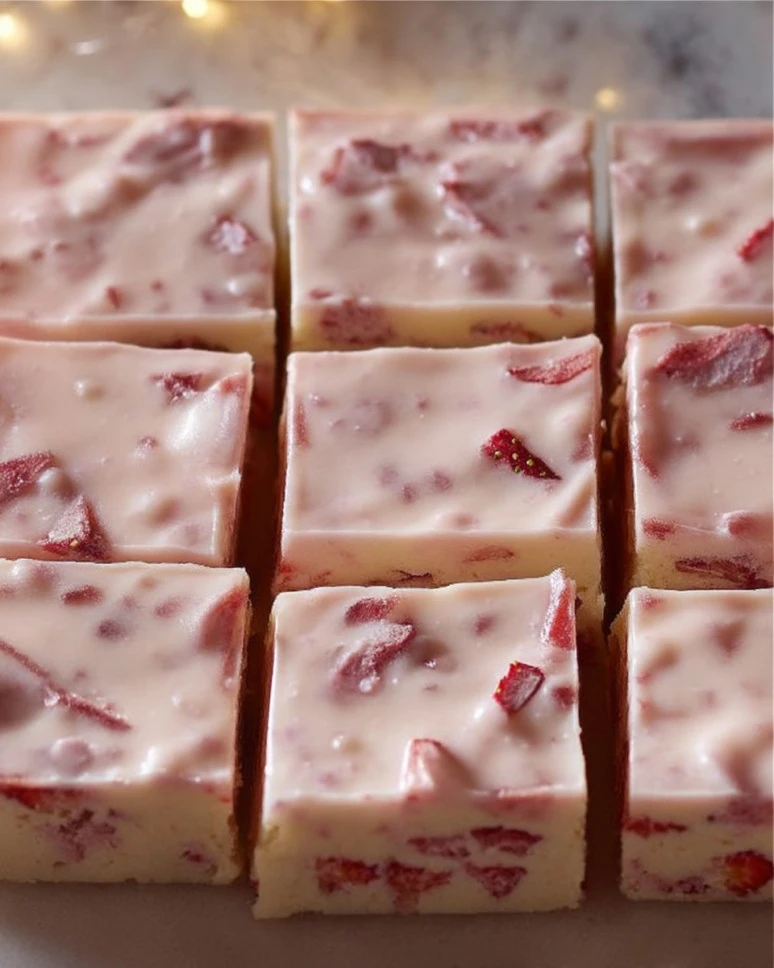 Delicious strawberry frosted strawberry cake with fresh strawberries on top.