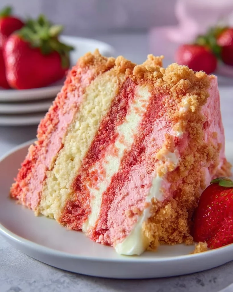 Delicious strawberry shortcake cheesecake cake topped with fresh strawberries