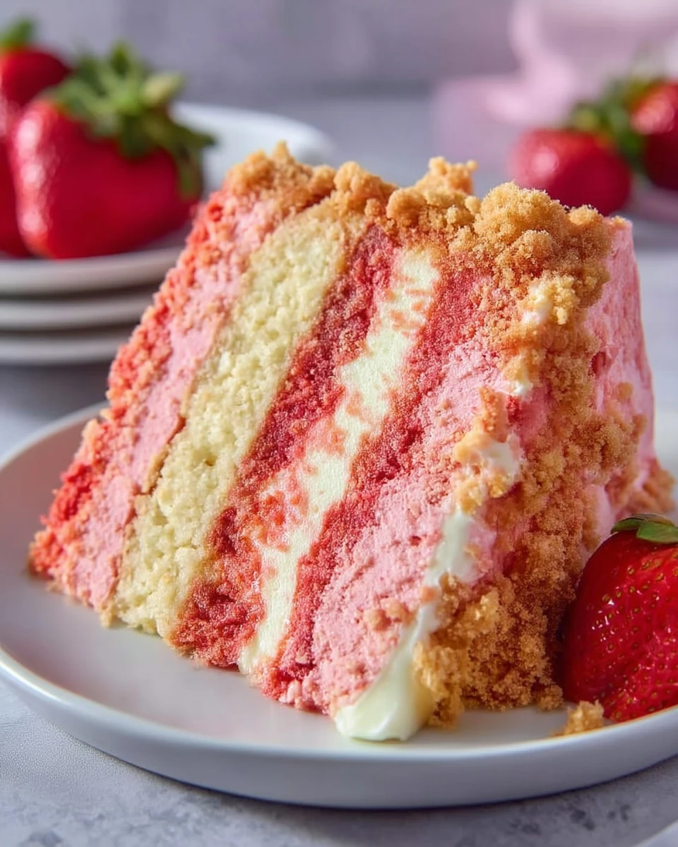 Delicious strawberry shortcake cheesecake cake topped with fresh strawberries