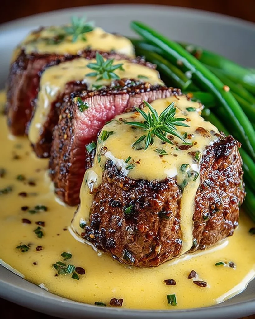 Succulent beef tenderloin served with rich béarnaise sauce on a plate.