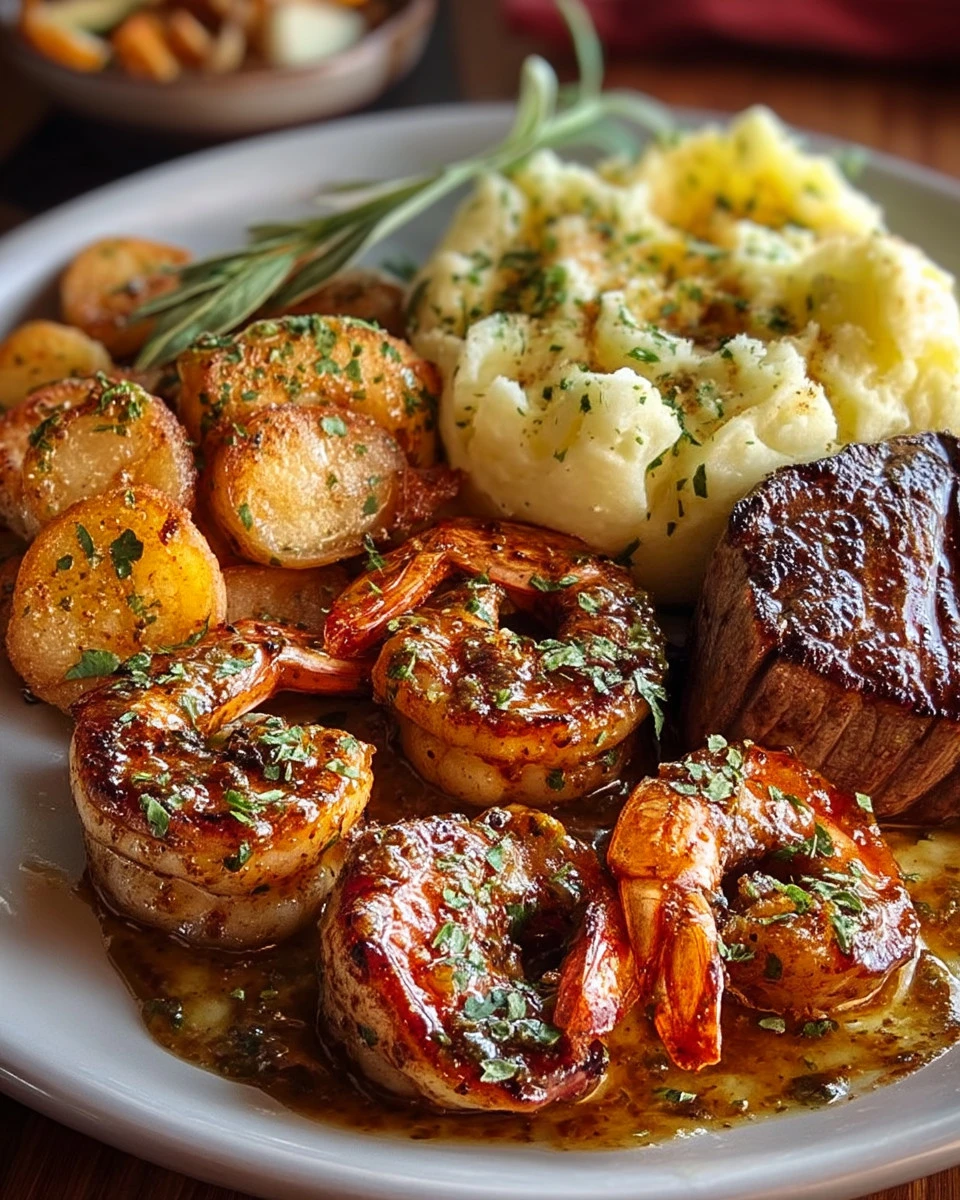 Delicious Surf & Turf with Garlic Butter Sauce showcasing steak and seafood.