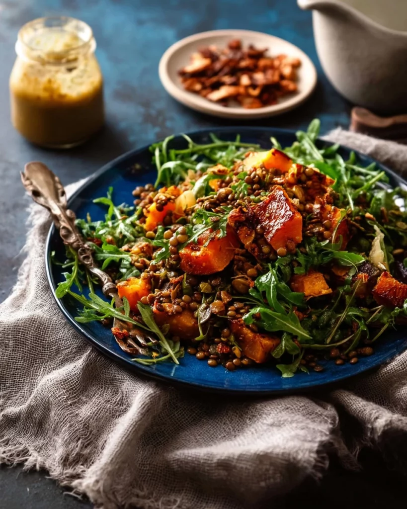 Sweet and savory pumpkin lentil salad with honey and cinnamon