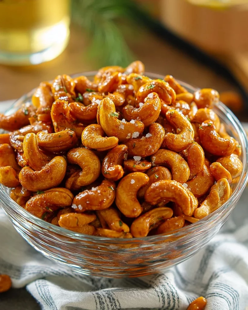 Sweet and spicy candied cashews in a bowl