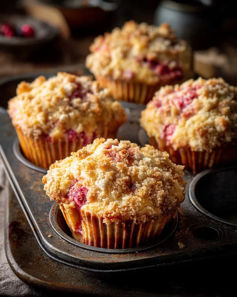 Freshly baked sweet and tangy rhubarb muffins topped with crunchy streusel
