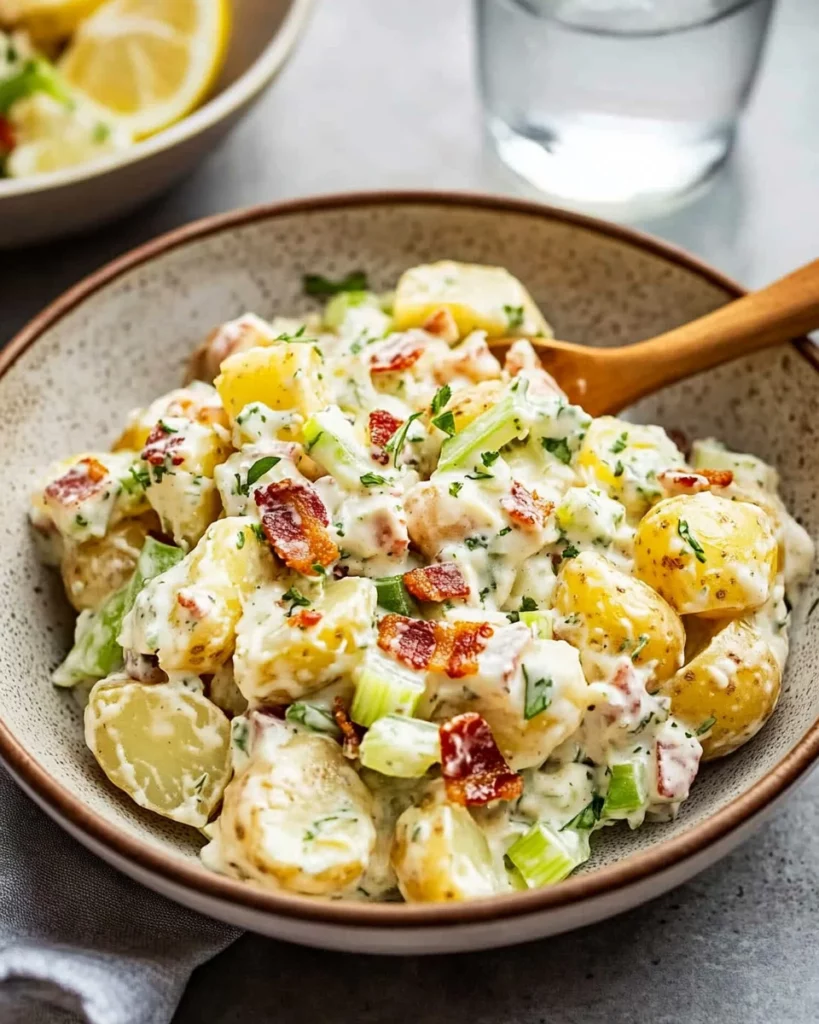 Bowl of ultimate potato salad, creamy and flavorful, garnished with herbs.