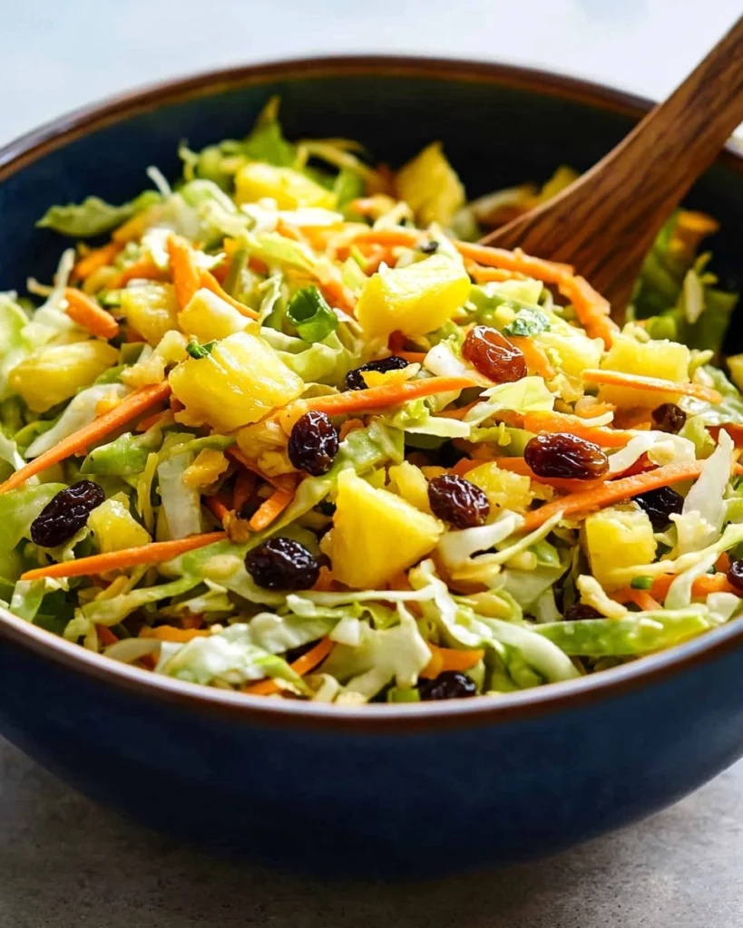 Bowl of colorful Tropical Jamaican Slaw with fresh vegetables and dressing